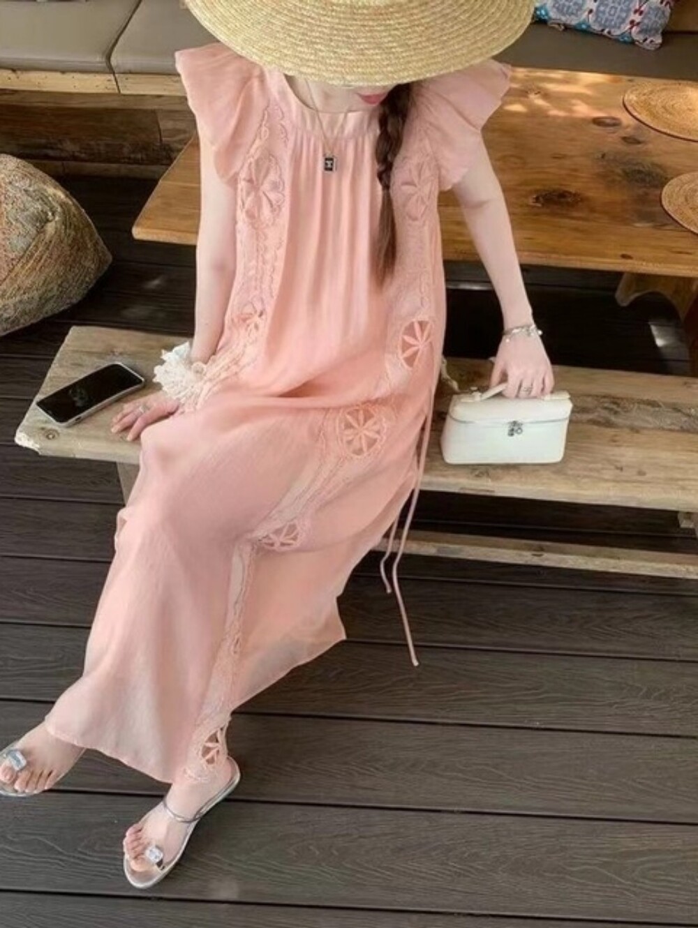 Women's Tencel/lyocell Pink Embroidered Maxi Dress